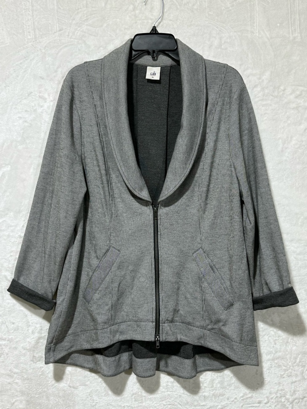 Cabi Drop Off Gray PinStriped Zipper detail Blazer Knit Jacket size XLarge